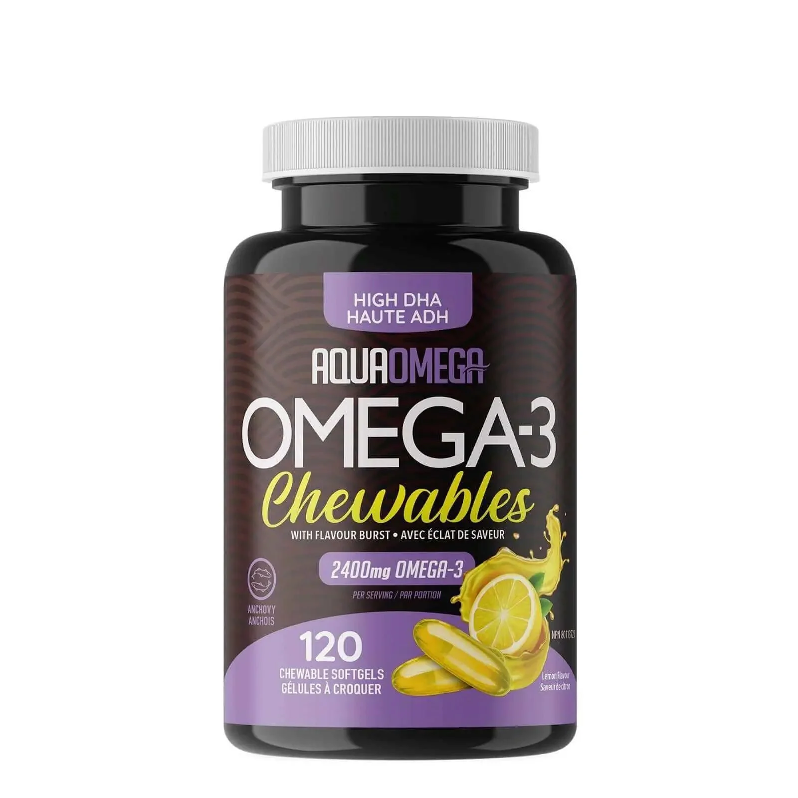 Aqua Omega High DHA Omega-3 120 Chewable Softgels, Lemon Flavour