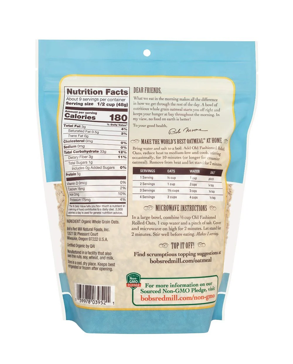 Bob's Red Mill Organic Old Fationed Rolled Oats 454 Grams - Image 2