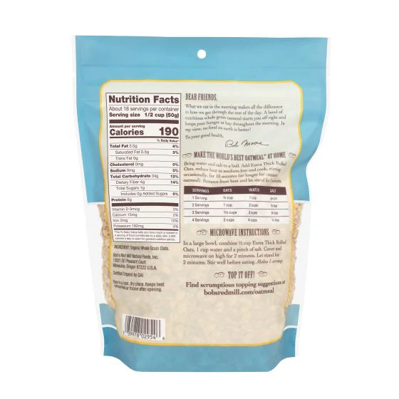 Bob's Red Mill Organic Extra Thick Rolled Oats 454 Grams - Image 2