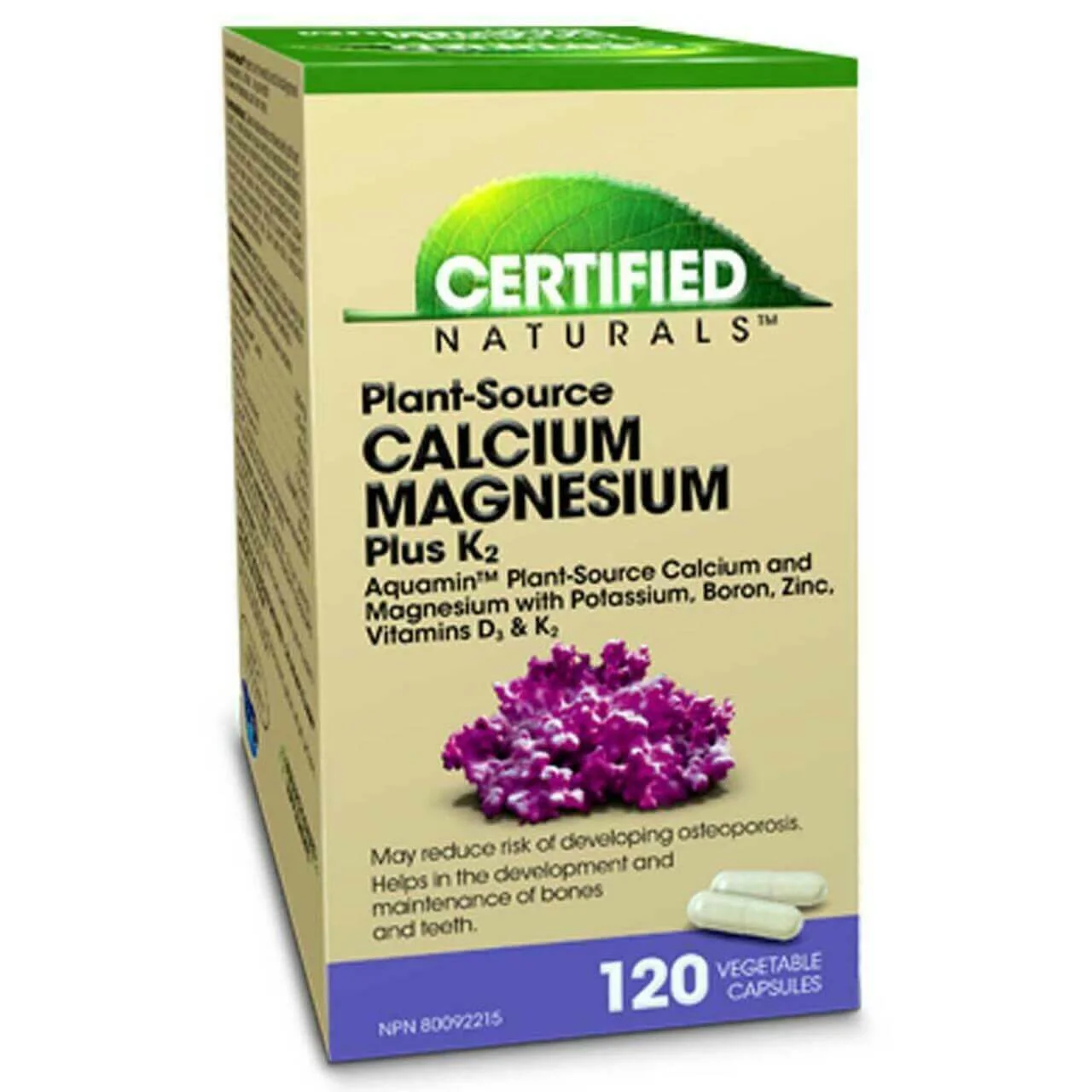Certified Naturals™ Calcium Magnesium Plus K2 120 Vegetable Capsules with Aquamin