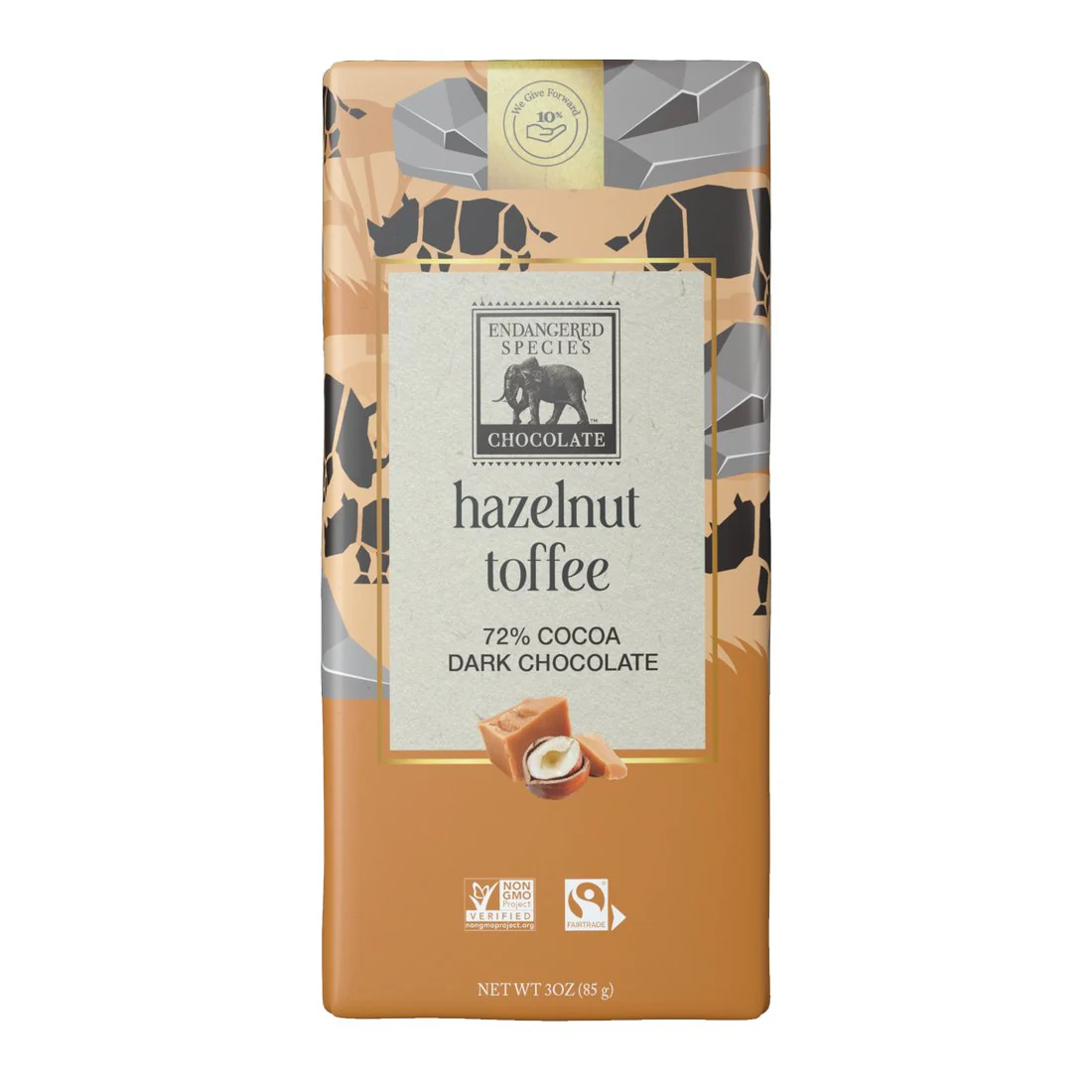 Endangered Species Hazelnut Toffee + 72% Dark Chocolate 85 Grams