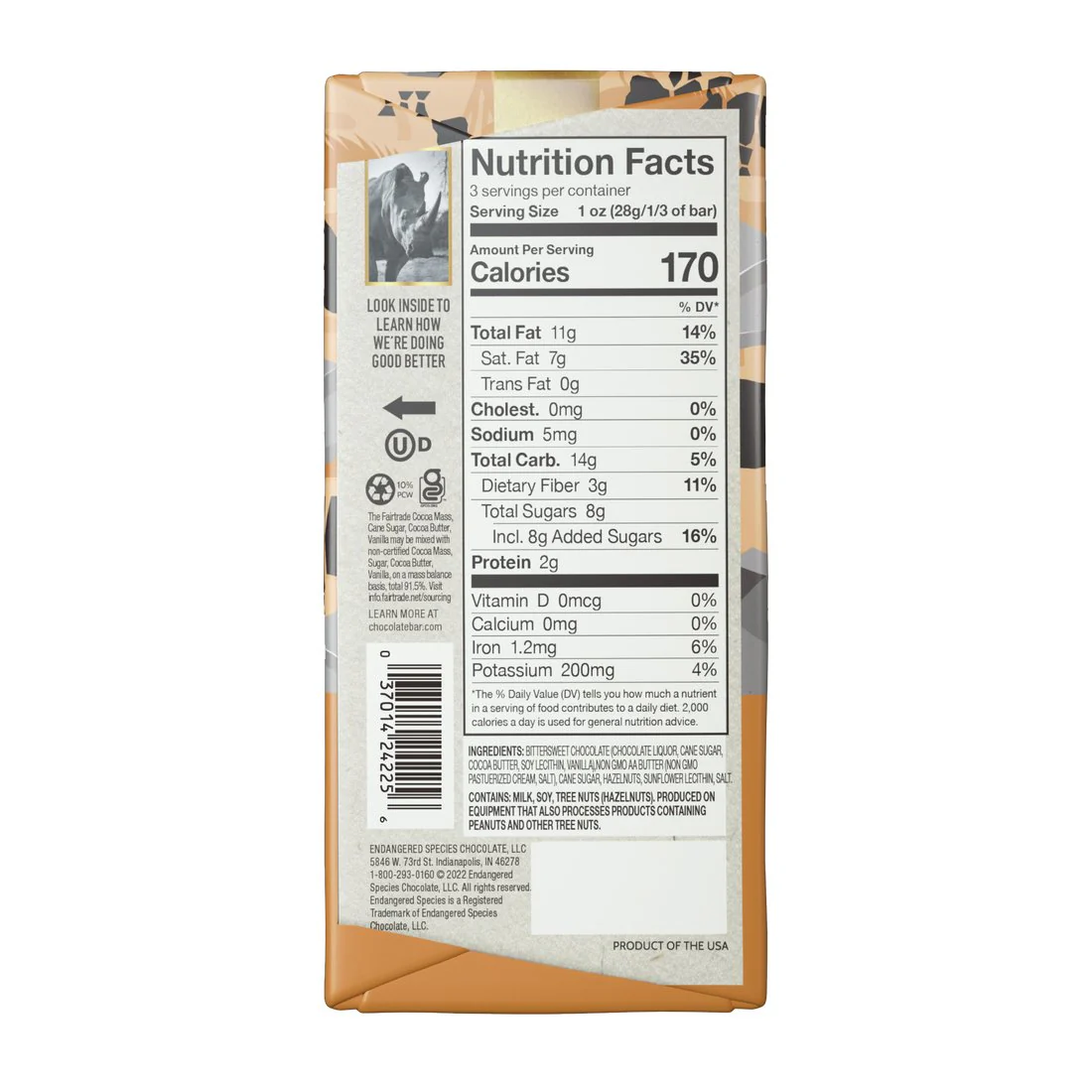 Endangered Species Hazelnut Toffee + 72% Dark Chocolate 85 Grams - Image 2