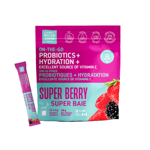 Everwell Water Kefir On-The-Go Probiotic + Hydration Powder Super Berry 12 Packets