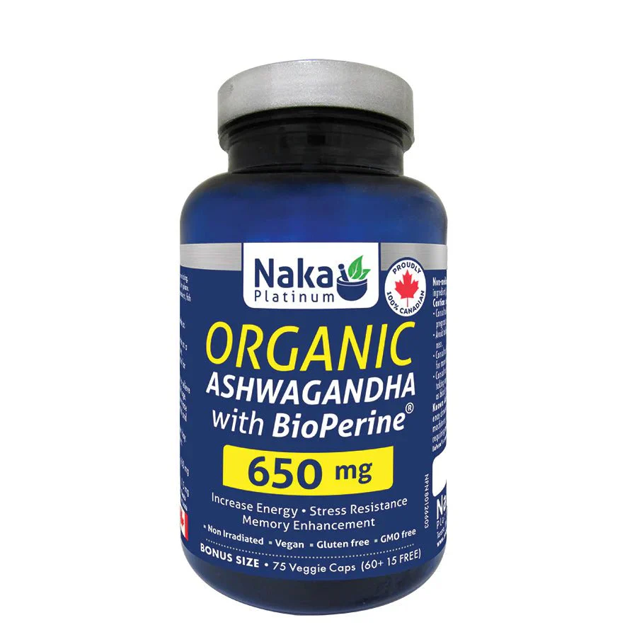 Naka Organic Ashwagandha with BioPerine 650mg 75 Veg Capsules