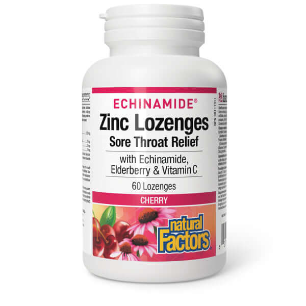 Natural Factors Zinc with Echinamide, Elderberry & Vitamin C, Cherry 60 Lozenges
