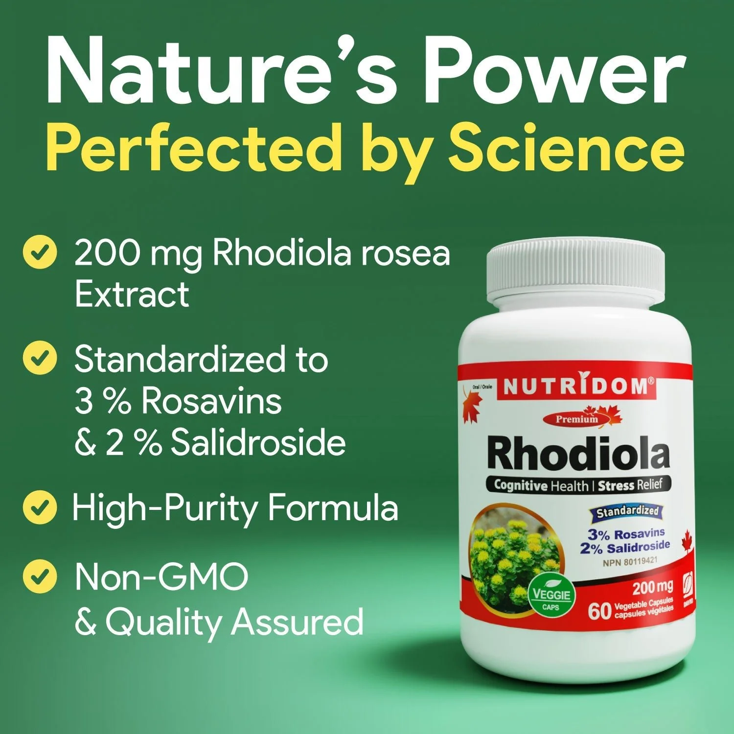 Nutridom Rhodiola 200mg, Adaptogenic Herb, 60 Veg Capsules - Image 2
