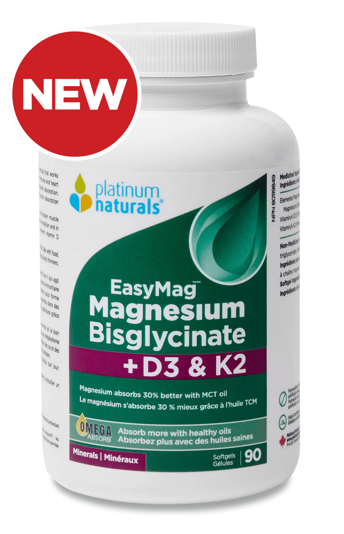Platinum Naturals EasyMag Magnesium Bisglycinate+D3 & K2 90 softgels
