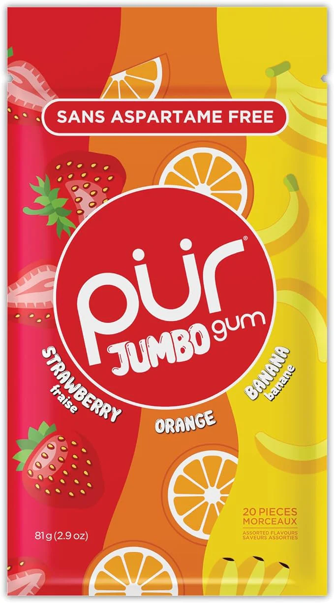 PUR Jumbo Gum Natural Strawberry, Banana, Orange Flavour 20 Pieces
