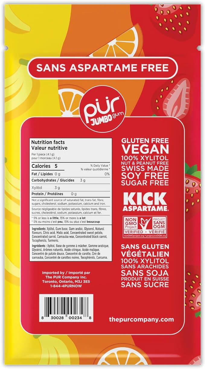 PUR Jumbo Gum Natural Strawberry, Banana, Orange Flavour 20 Pieces - Image 4