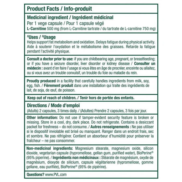PVL L-Carnitine 750mg 90 Veg Capsules - Image 2