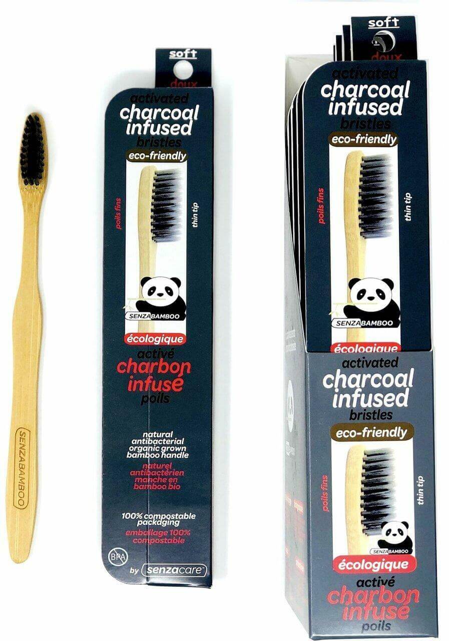 Senza Active Charcoal Infused Thin Tip Bristle Bamboo Toothbrush, Soft