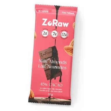 ZoRaw 45% Milk Chocolate Bar - Almonds with Protein 55 Grams