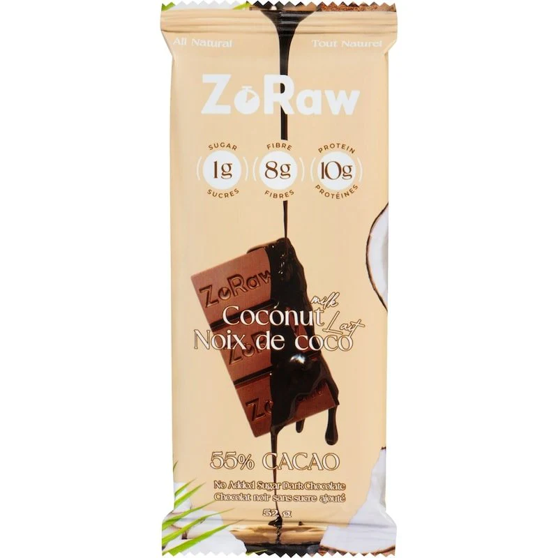 ZoRaw 55% Dark Chocolate Bar Coconut Milk with Protein 52 Grams