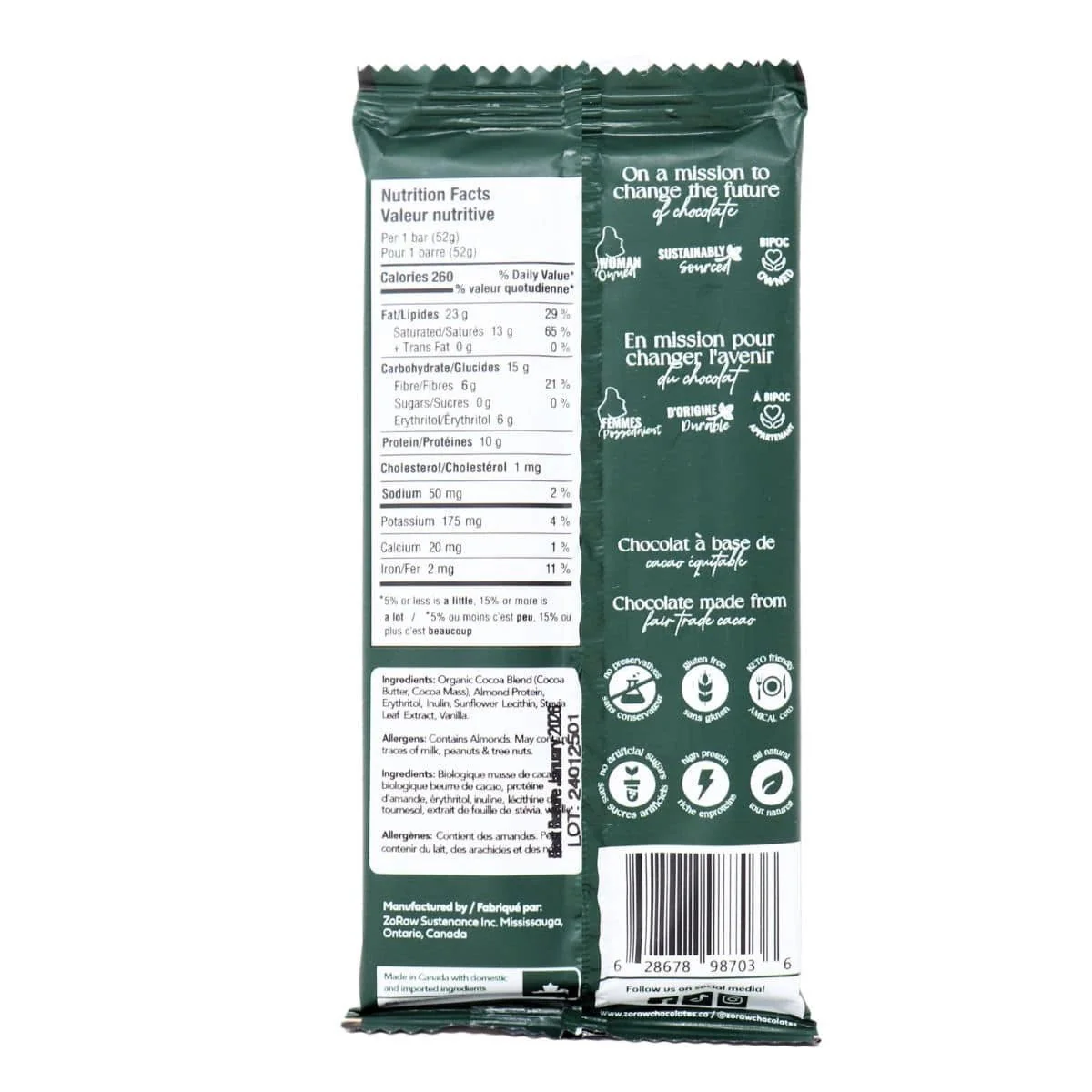 ZoRaw 72% Cacao Extra Dark Chocolate Bar with Protein, 52 Grams - Image 2